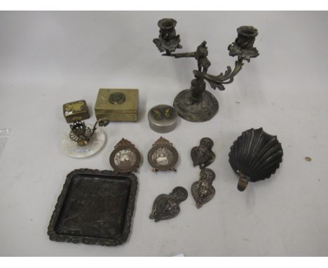 Pair of miniature metal photograph frames, onyx and gilt brass miniature chamberstick, three small metal boxes, an antimony t