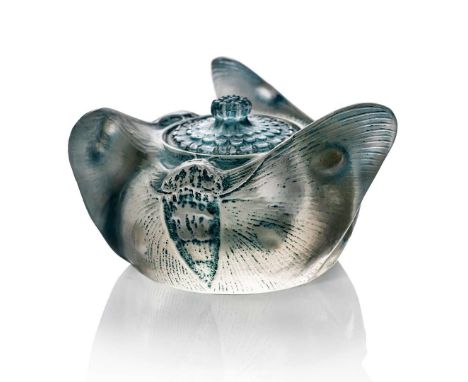  René Lalique TROIS PAPILLONS INKWELL, NO. 426 designed 1912clear, frosted and blue stainedmoulded R. LALIQUE   9cm (3 1/2in)