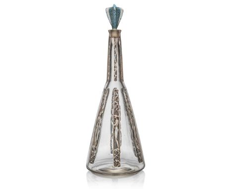  René Lalique SIX FIGURINES DECANTER AND STOPPER, NO. 3158 designed 1914clear, frosted and blue stainedmoulded R. LALIQUE   3