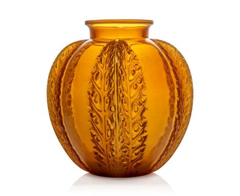  RENÉ LALIQUE (FRENCH 1860-1945) CHARDONS VASE, NO. 929 designed 1922
butterscotch
moulded R. LALIQUE, engraved Lalique 18.5c