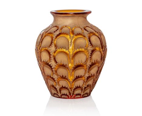  RENÉ LALIQUE (FRENCH 1860-1945) LAITERONS VASE, NO. 1072 designed 1931
amber, and white stained
stencilled R. LALIQUE FRANCE