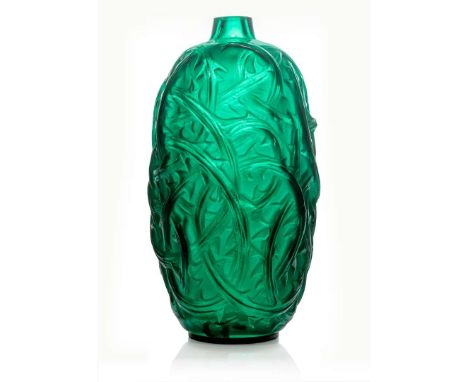  RENÉ LALIQUE (FRENCH 1860-1945) RONCES VASE, NO. 946 designed 1921
emerald green
moulded R. LALIQUE 23cm (9 1/16in) high   