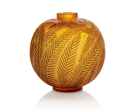  RENÉ LALIQUE (FRENCH 1860-1945) PALMES VASE, NO. 952 designed 1923butterscotch, and white stainedmoulded R. LALIQUE MADE IN 