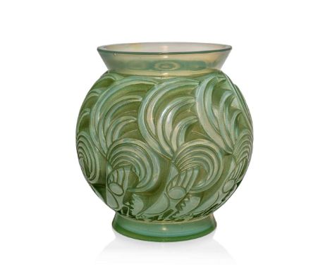  RENÉ LALIQUE (FRENCH 1860-1945) BRESSE VASE, NO. 1073 designed 1931
pale green cased opalescent, and green stained
stencille