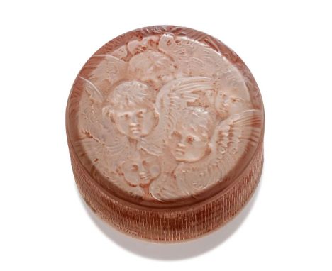  René Lalique ANGES BOX, NO. 39 designed 1919clear, frosted and sepia stainedmoulded R. LALIQUE   4cm (1 1/2in) high, 7cm (2 