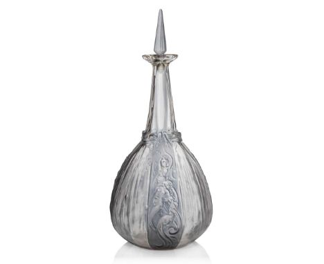  René Lalique SIRÈNES ET GRENOUILLES DECANTER AND STOPPER, NO. 3150 designed 1911clear, frosted and blue stainedengraved R. L