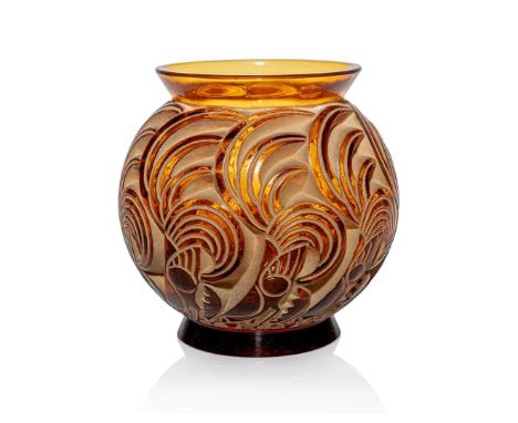  RENÉ LALIQUE (FRENCH 1860-1945) BRESSE VASE, NO. 1073 designed 1931
amber, and white stained
engraved R. Lalique France 10cm