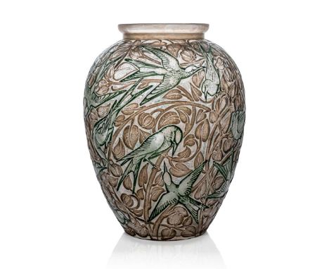  René Lalique MARTIN PÊCHEURS VASE, NO. 920 designed 1923clear, frosted, green and sepia stainedmoulded R. LALIQUE   24cm (9 