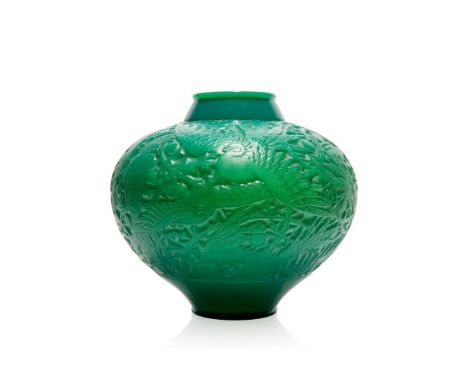  René Lalique ARAS VASE, NO. 919 designed 1924cased jade, and white stainedengraved R. Lalique France No. 919   23cm (9in) hi