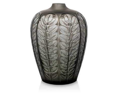  RENÉ LALIQUE (FRENCH 1860-1945) TOURNAI VASE, NO. 956 designed 1924
grey, and white stained
intaglio R. LALIQUE, engraved Fr