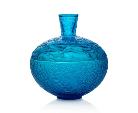  René Lalique LIÈVRES VASE, NO. 942 designed 1923electric blue, and white stainedintaglio R. LALIQUE   15.5cm (6 1/8in) high 