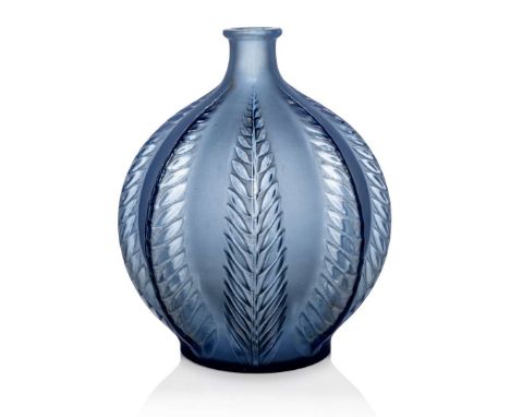  RENÉ LALIQUE (FRENCH 1860-1945) MALINES VASE, NO. 957 designed 1924
blue
stencilled R. LALIQUE 12cm (4 3/4in) high   