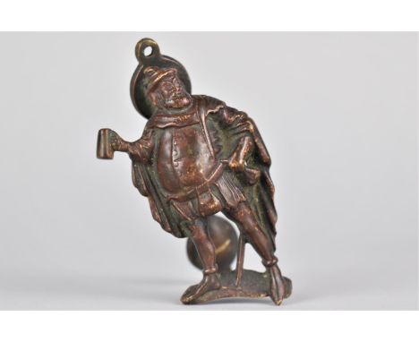 A Novelty Patinated Bronze Door Knocker Modelled as Shakespeare's Sir John Falstaff with Tankard in Hand, 10cms High 