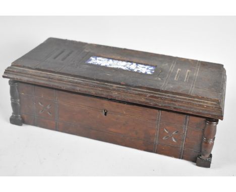 A Late 19th Century Oak Jewellery Box, Hinged Lid with Inset Ceramic Panel, Missing feet, 28cms Wide 