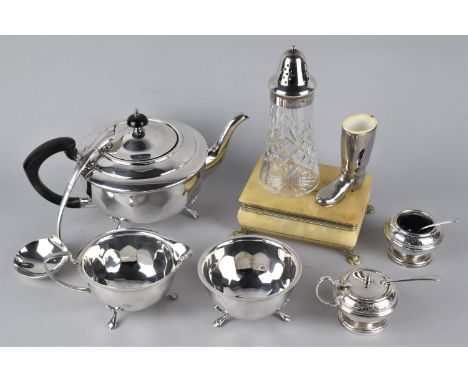 A Collection of Various Silver Plated Items to Comprise Novelty Measure in the Form of a Riding Boot, Teapot, Milk Jug, Sugar