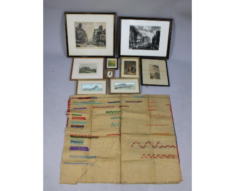 A Collection of Various Framed Pictures and Prints, 1920's Teaching Sampler etc 