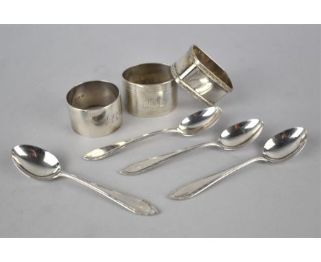 A Collection of Various Silver to Comprise Three Napkin Ring and Set of Four Teaspoons, Various Hallmarks, 137g 