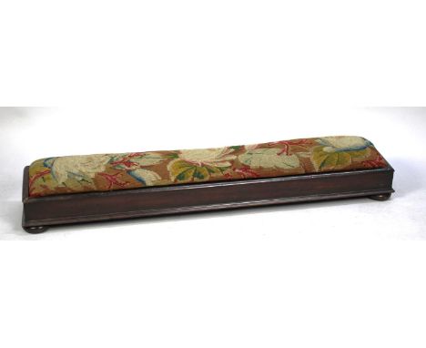 A Victorian Country House Mahogany Framed Elongated Prayer Stool or Kneeler Having Bun Feet and Tapestry Upholstery, 105cm Lo