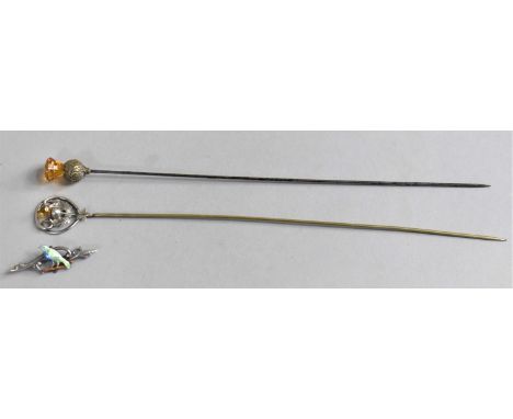 A Pretty Early 20th Century Silver and Enamel Bird Brooch, c.1927 Together with Two White Metal Hat Pins with Thistle Finial 