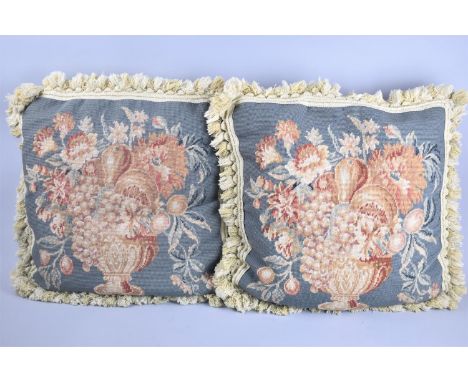 Two Tapestry Scatter Cushions Decorated with Vases of Fruit, 50cm Square 