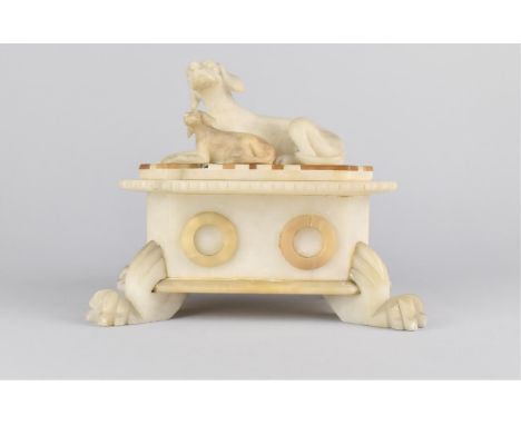 A Late Victorian Alabaster Trinket Box, the Canted Lid with Sporting Dog Mounts, Four Claw Feet, 22cm wide 