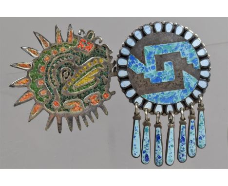 Two Silver and Enamel Brooches with Suspension Loops for Chain, Ancient Designs, Made in Mexico, Both Stamped 925 