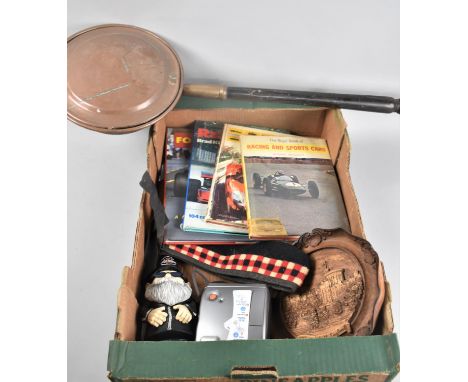 A Collection of Sundries to Include Motor Racing Books, Copper Bed Warming Pan, Carved Panel, Polaroid Camera, Harley Davidso