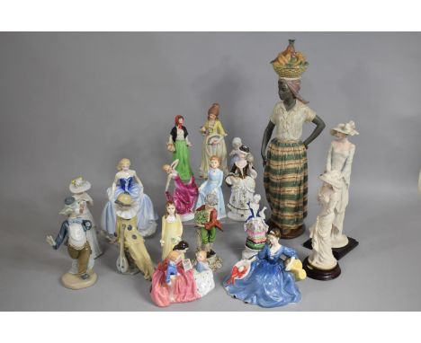 A Collection of Various Ceramic Figural Ornaments to include Large Nao Figure of Fruit Seller (Head Glued) Nao Clown, Royal D