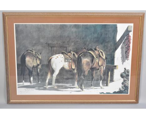 A Signed Reginald Jones Print, Horses Outside Ranch, 86x55cms 