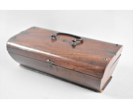 A 19th Century Mahogany Coffin Shaped Trinket Box with  Metal Mounts and Ring Carrying Handle, 16cms Wide 