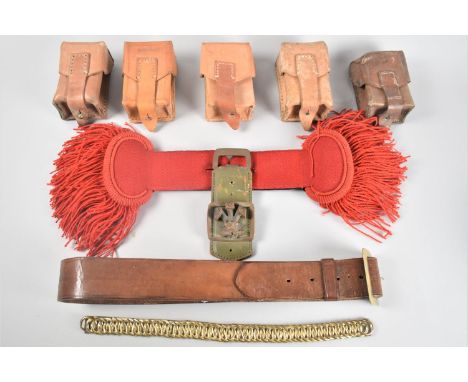A Collection of Militaria to include Five Leather Ammunition Pouches, Leather Belt, Pair of Epaulettes, Gilt Brass Chin Strap