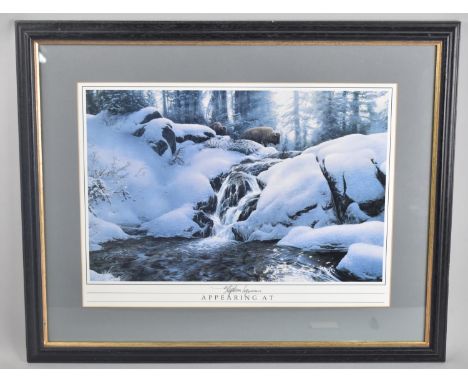 A Framed Print Icy Waterfall with Bison, 43x29cms 
