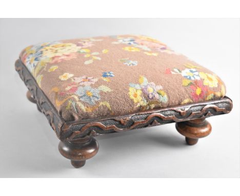 A Late 19th Century Carved Square Footstool with Upholstered Tapestry Top and Four Bun Feet, 33cms Square 