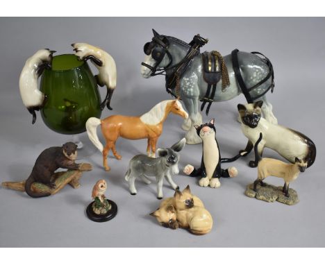 A Collection of Various Ceramic and Resin Animal Ornaments to include Large Heavy Horse, Beswick Pinto Pony (AF) Beswick Siam