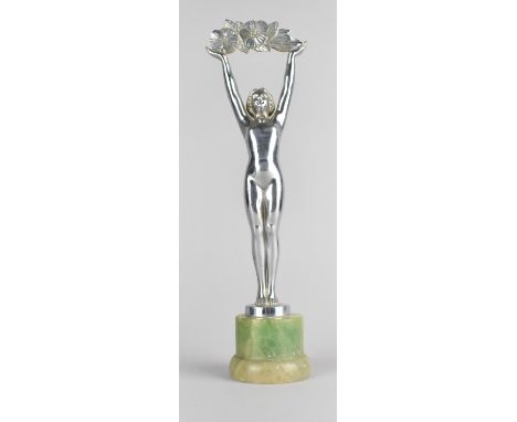 A French Art Deco Chrome Painted Metal Figure of Nude Holding Flower Garland Aloft After Jacques Limousin on Original Green O