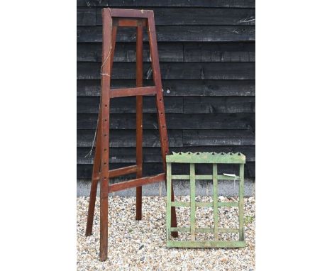 Vintage wooden folding easel to/w a green painted wall shelf (2)