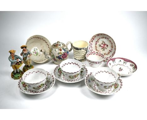 A Georgian pearlware bullet-shaped teapot with floral-painted decoration (restored) to/w a New Hall tea bowl and saucer, anot