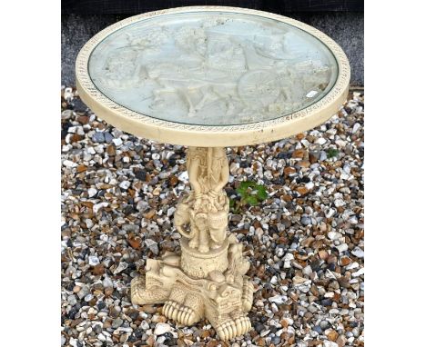 A vintage simulated ivory Oriental occasional table with inset glass top, 46 cm diam