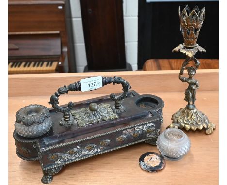 Early 19th century simulated tortoiseshell and brass-mounted inkstand with ring-turned loop handle flanked by hobnail cut ink