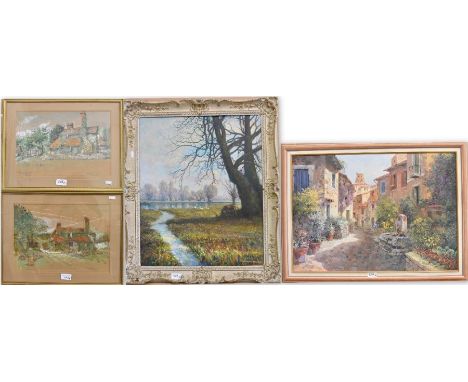 J Chamberlain - River view with geese, oil on canvas, signed, 55 x 44 cm; pair watercolour cottage views, 24.5 x 34.5 cm; and