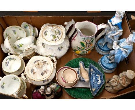 Early 19th century Staffordshire china infant feeder-cup, transfer-printed with blue and white lake landscape to/w a Willow p