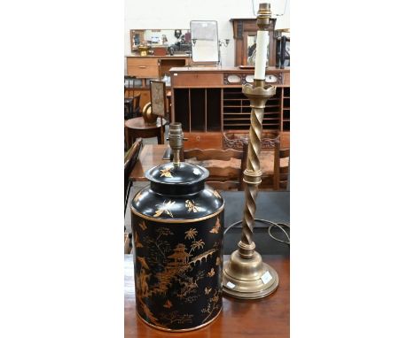 'Besselink &amp; Jones' handpainted tea caddy toleware lamp, black with gilt Chinoiserie decoration, 44 cm high to/w brass ba