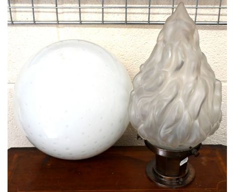 An Art Deco style ceiling light with frosted glass 'flame' shade, 33 cm overall to/w brass pendant ceiling light with spheric
