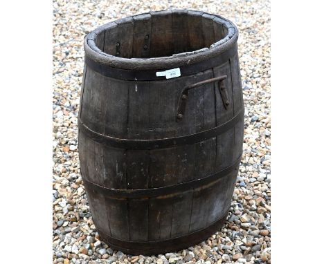 An old iron bound coopered oak ovoid barrel stick stand, 44 cm x 34 cm x 60 cm h - a/f