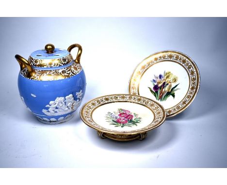 A Georgian Spode china globular pot pourri vase with pierced dome cover and inner solid cover, pattern 2063, with twin loop h