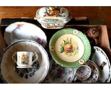 Copeland's Late Spode sauce tureen and cover, Meissen floral painted 25 cm plate, comport, punch bowl, harvest jug, etc (box)
