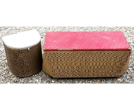 Lloyd Loom - a vintage gilt ottoman to/w a demi-lune laundry basket and white chair (3)