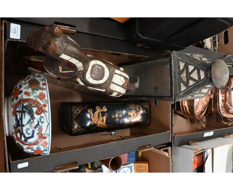 A Chinese gilt-decorated black lacquered scribe's pillow/box to/w an Asian china punch-bowl, blue inlaid wooden toy rocking h