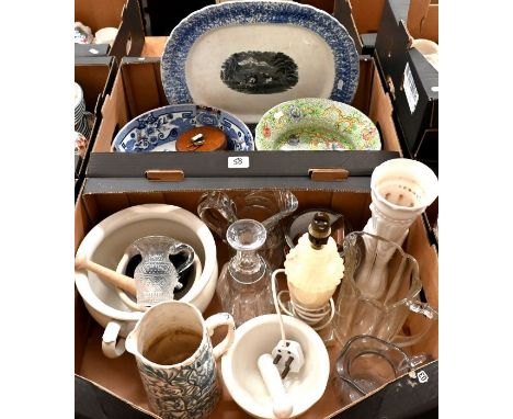 Various decorative ceramics and glass including Mason's Ironstone punch bowl (a/f), meat dish printed with Alpine horse-herde