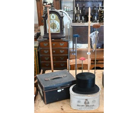 Vintage boxed top-hat by Henry Heath and an antique leather and canvas hat trunk by J Minshull, Piccadilly, to/w six various 